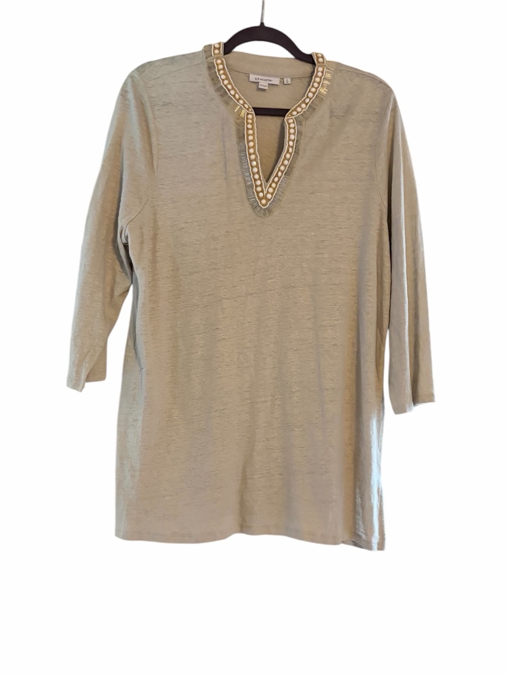 Chico's Embellished V-Neck Linen Tunic Top 3 US XL Khaki Brown 3/4 Sleeve